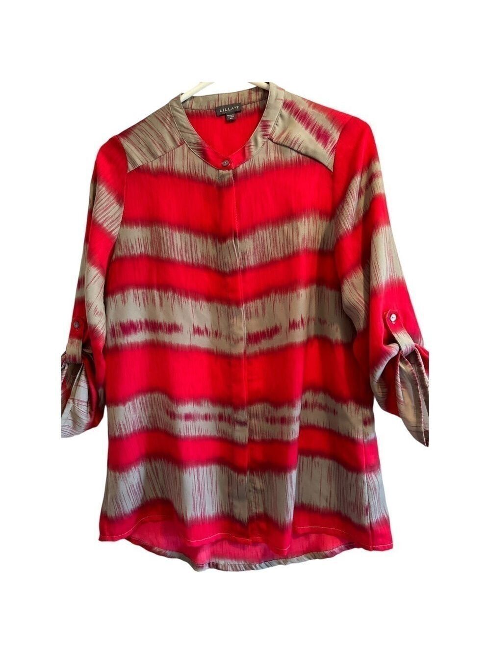 Lilla P. Stylish Bright Pink Fuchsia & Gray Blouse, Womens XS, Crew Neck Stripes